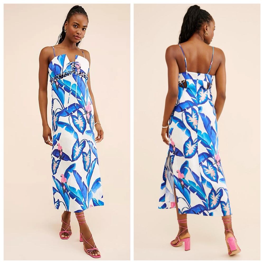 NWT FARM RIO Linen Foliage Maxi Dress Size S Blue White Floral Lace Details - Picture 2 of 13